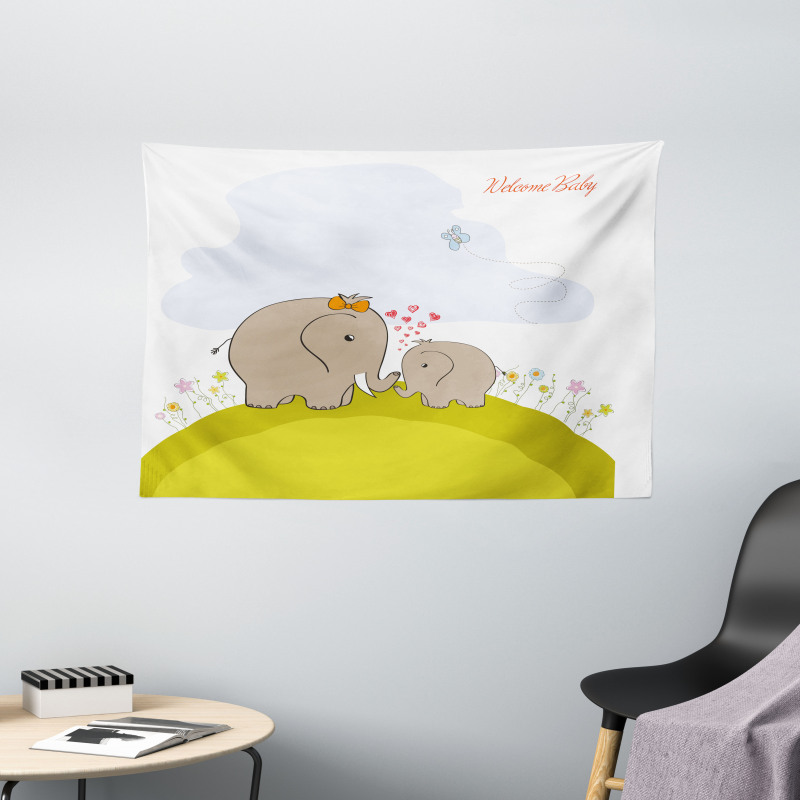 Mother Baby Elephant Wide Tapestry