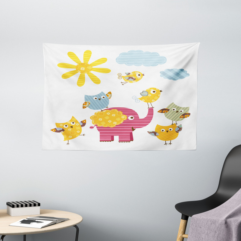 Colorful Birds Wide Tapestry