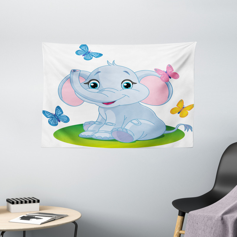 Elephant on the Meadow Wide Tapestry