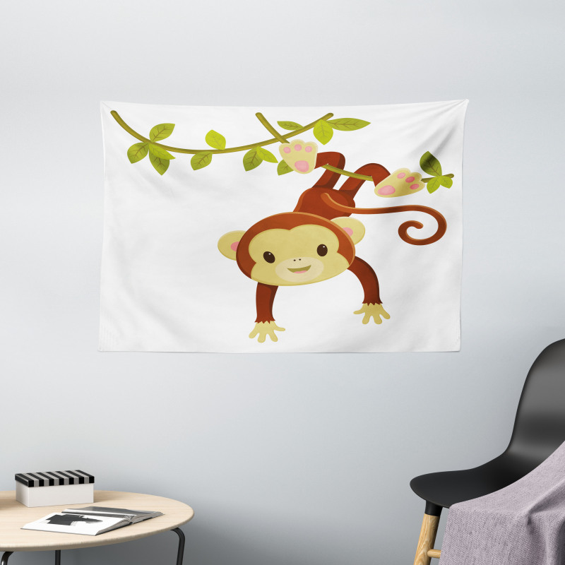 Cartoon Monkey on Liana Wide Tapestry