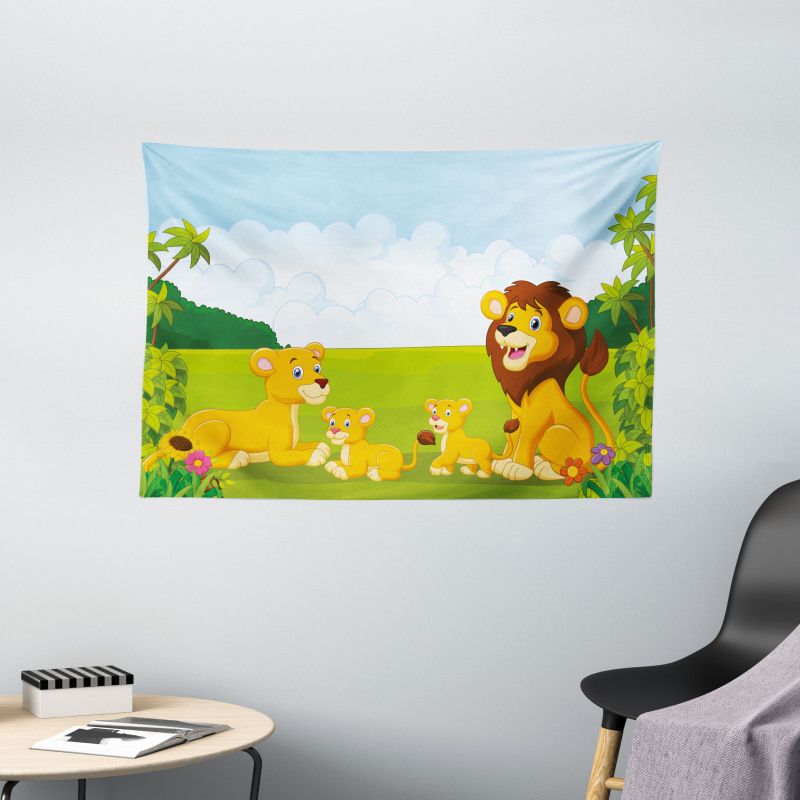 Lion Family in Forest Wide Tapestry