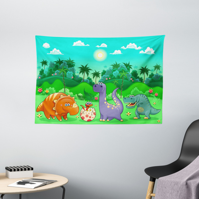 Funny Dinosaurs Cartoon Wide Tapestry