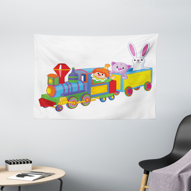 Clown Cat Bunny Train Wide Tapestry