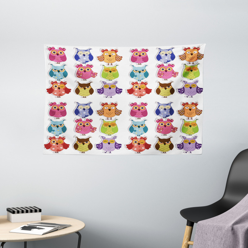 Cartoon Owls Emotions Wide Tapestry