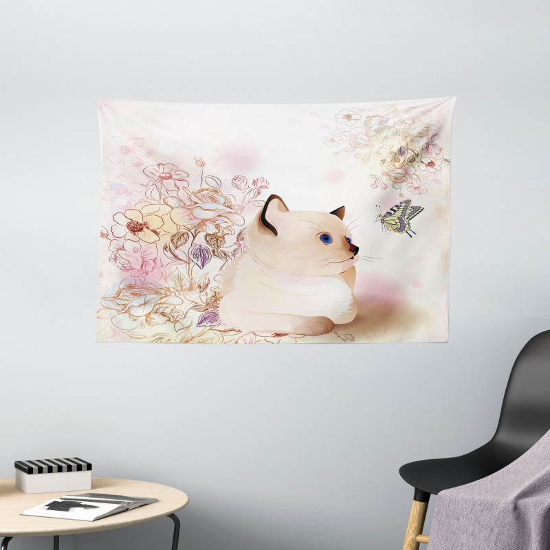 Pastel Kitty and Butterflies Wide Tapestry