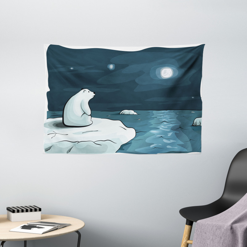 Polar Bear Moon Cartoon Wide Tapestry