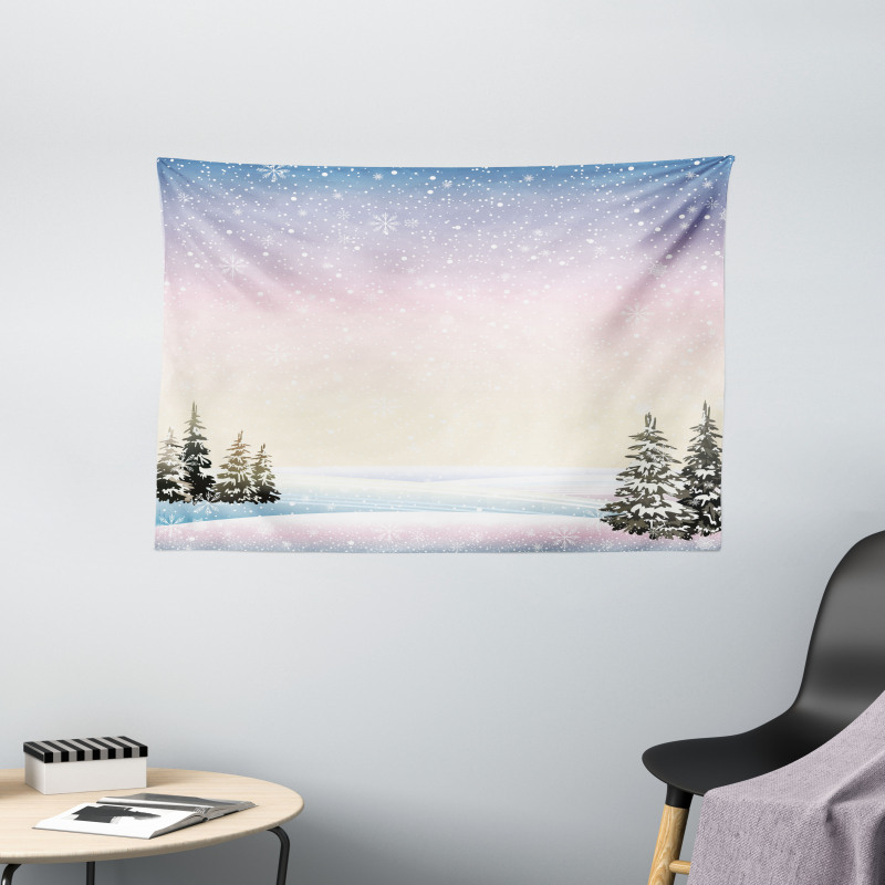Snowfall and Pine Trees Wide Tapestry