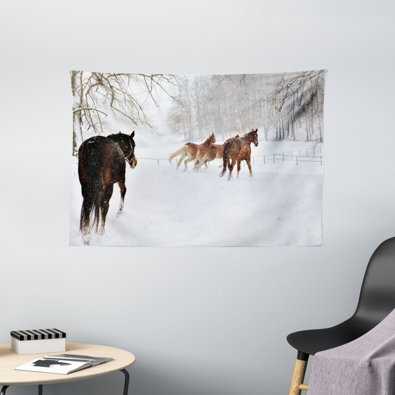 Horses in Snowy Forest Wide Tapestry