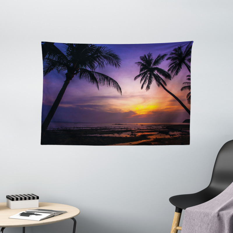 Vivid Twilight Palm Trees Wide Tapestry