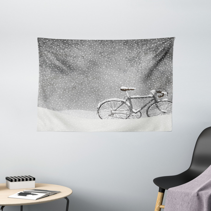 Bicycle Snow Calm Scene Wide Tapestry
