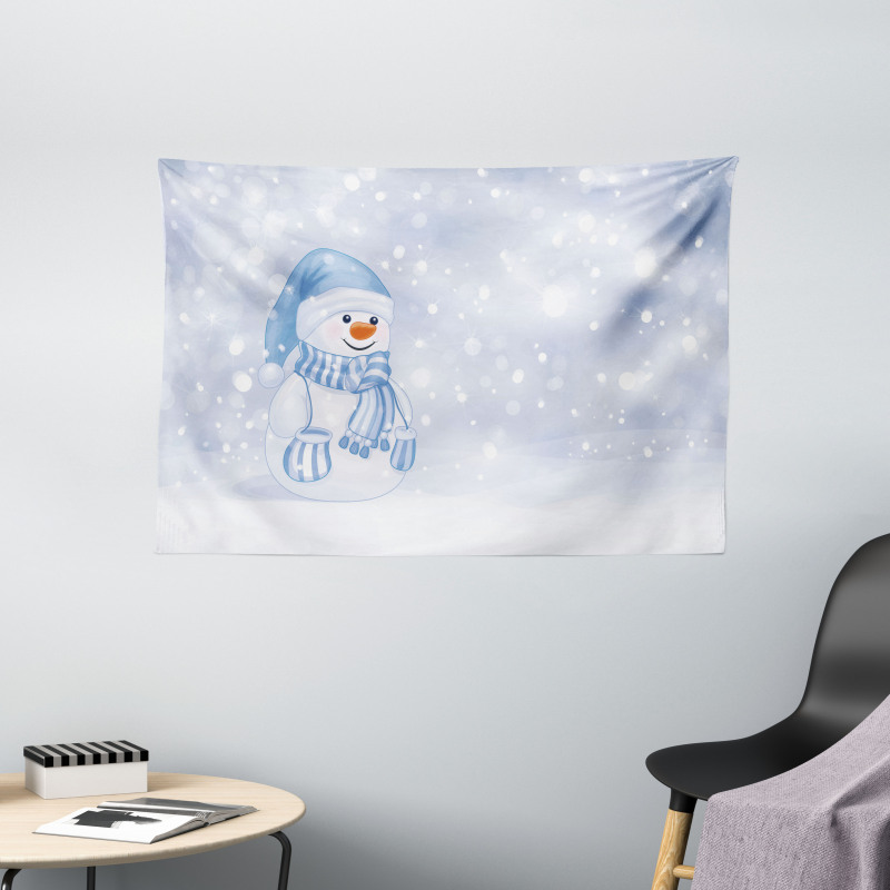 Toddler Snowman Cartoon Wide Tapestry