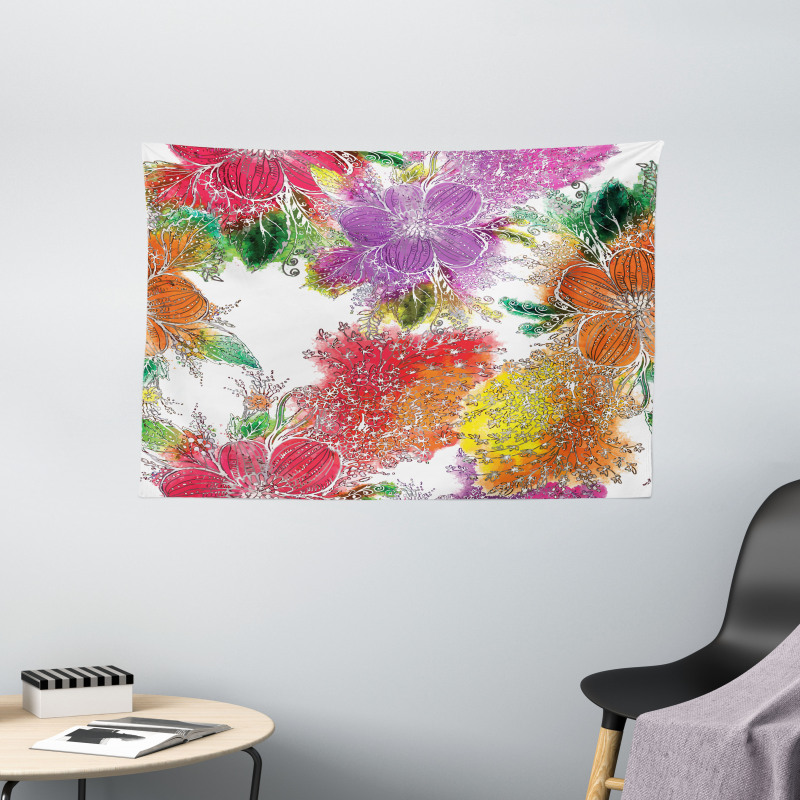 Abstract Colorful Flowers Wide Tapestry