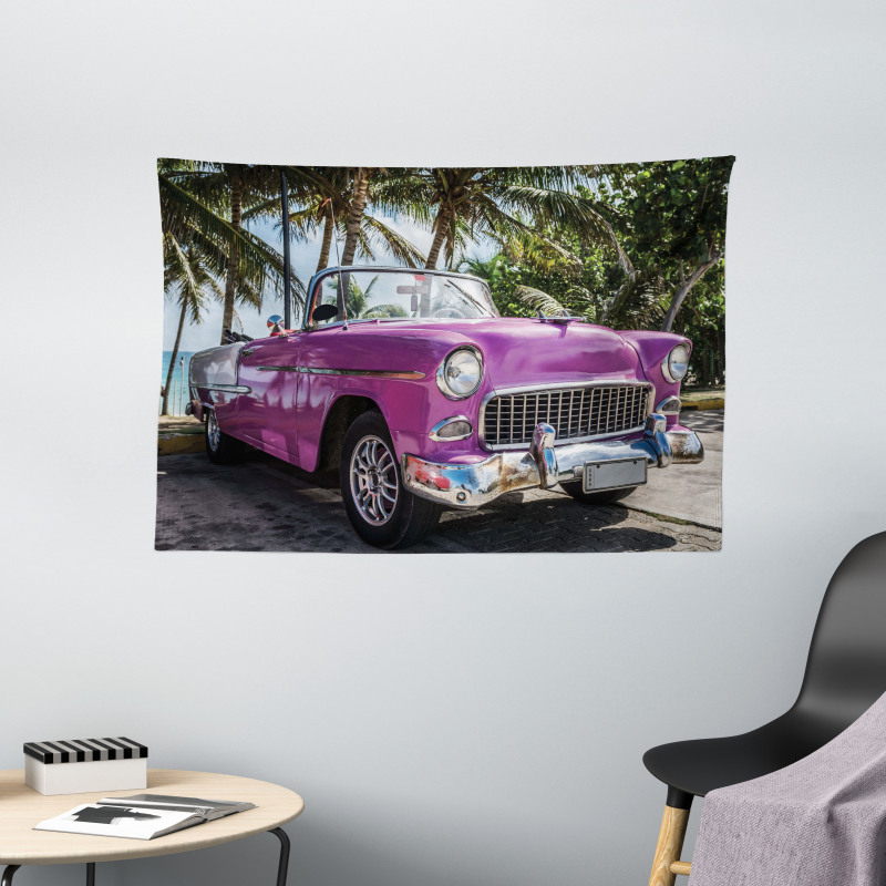Cabriolet Parked on Beach Wide Tapestry