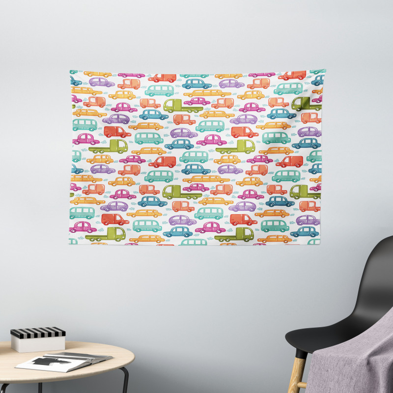 Vibrant Doodle Style Rides Wide Tapestry