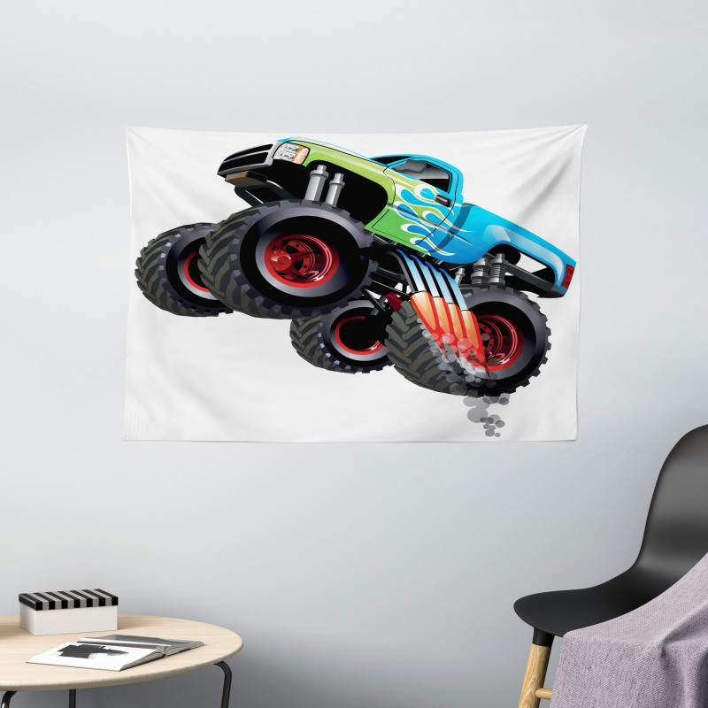 Monster Truck Cool Cartoon Wide Tapestry