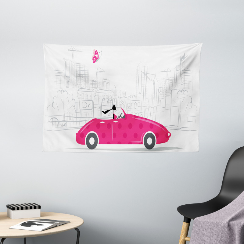 Woman Driving Vintage Car Wide Tapestry