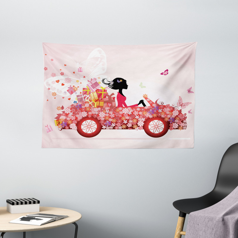 Girl on a Car Floral Box Wide Tapestry