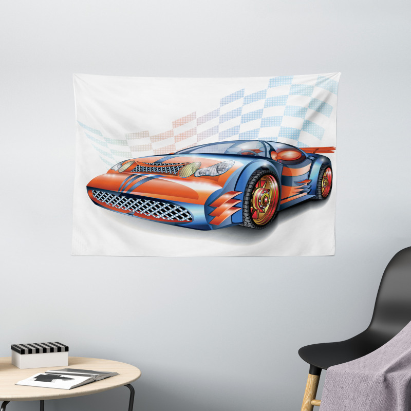Cartoon Style Race Car Wide Tapestry