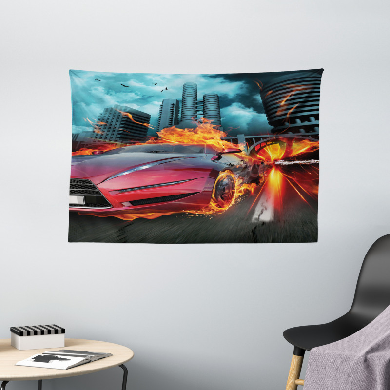 Red Hot Concept Car Flames Wide Tapestry