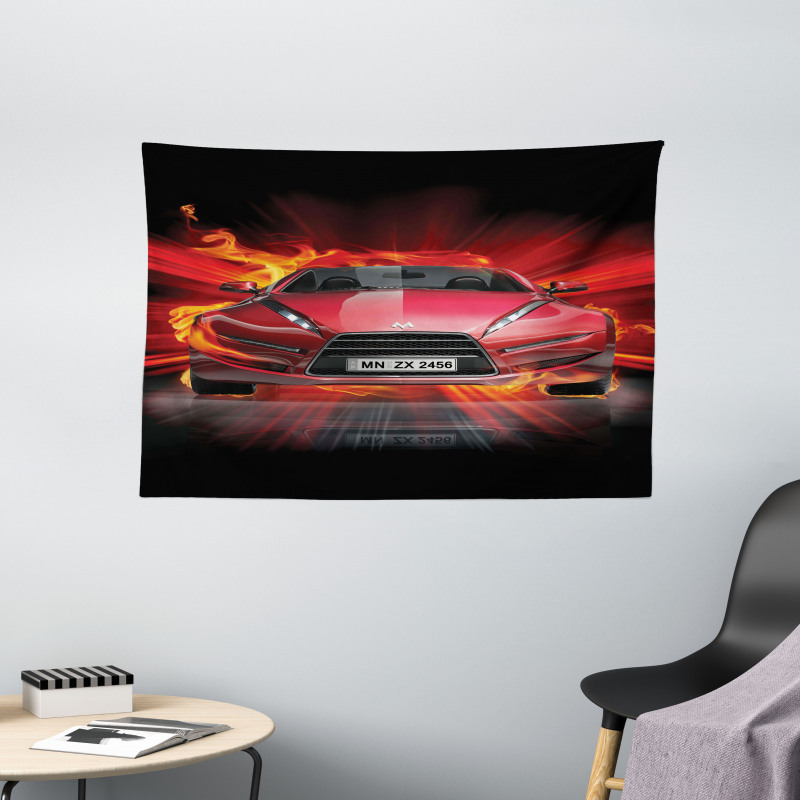 Fire Car Speeding Flames Wide Tapestry