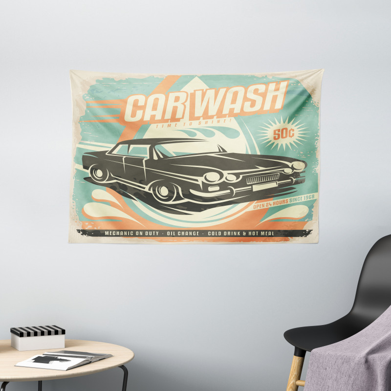 Retro Car Wash Poster Wide Tapestry