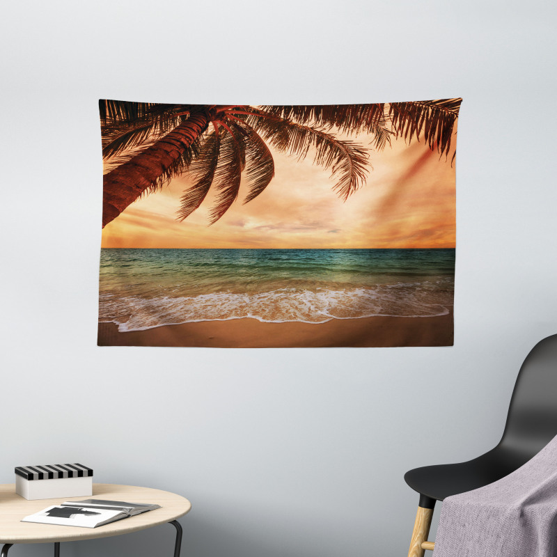 Exotic Seascape with Palm Wide Tapestry