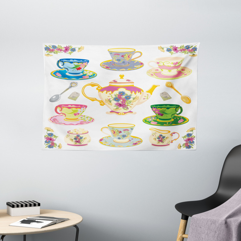 Vivid Teacups Sweets Wide Tapestry