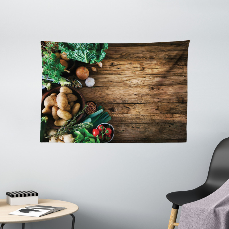 Wooden Table Vegetable Wide Tapestry