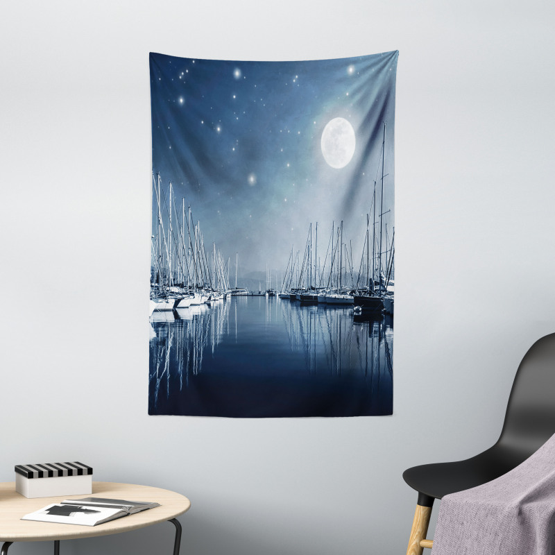 Calm Marina at Night Moon Tapestry