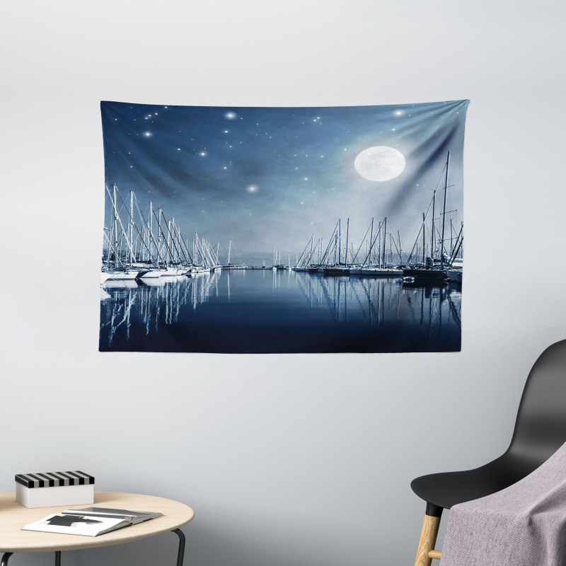 Calm Marina at Night Moon Wide Tapestry