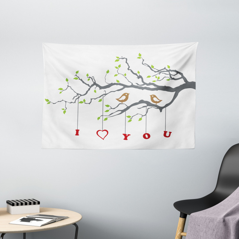 Romantic Birds Tree Wide Tapestry