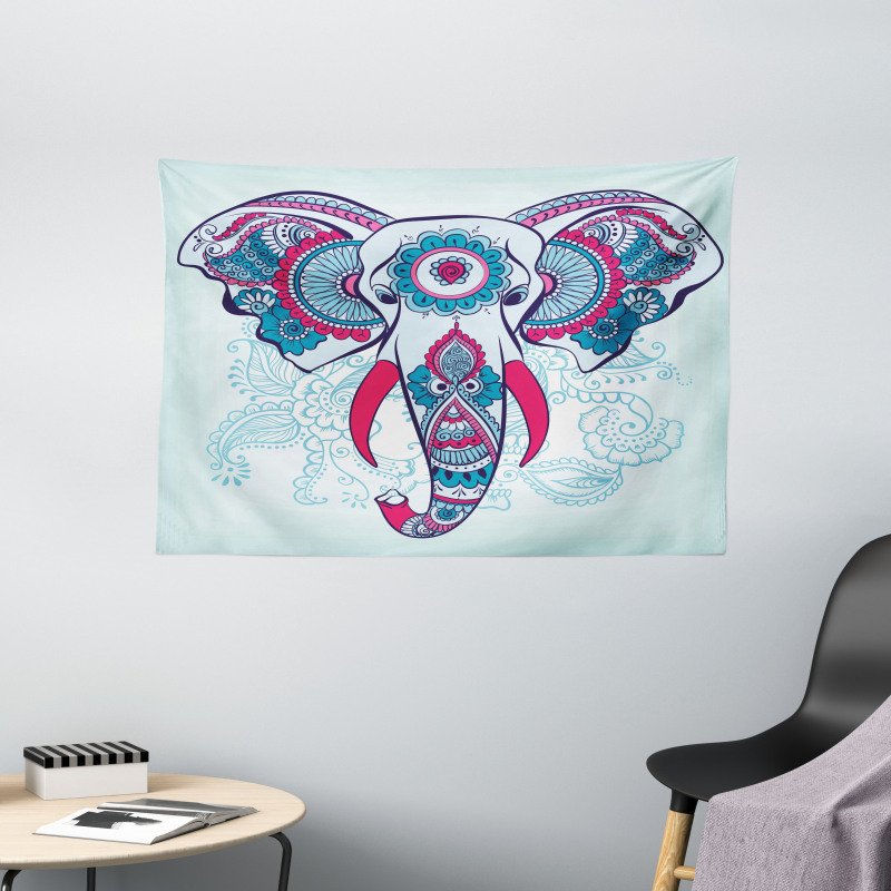 Doodle Elephant Design Wide Tapestry