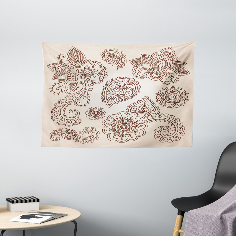 Monochrome Paisley Doodle Wide Tapestry