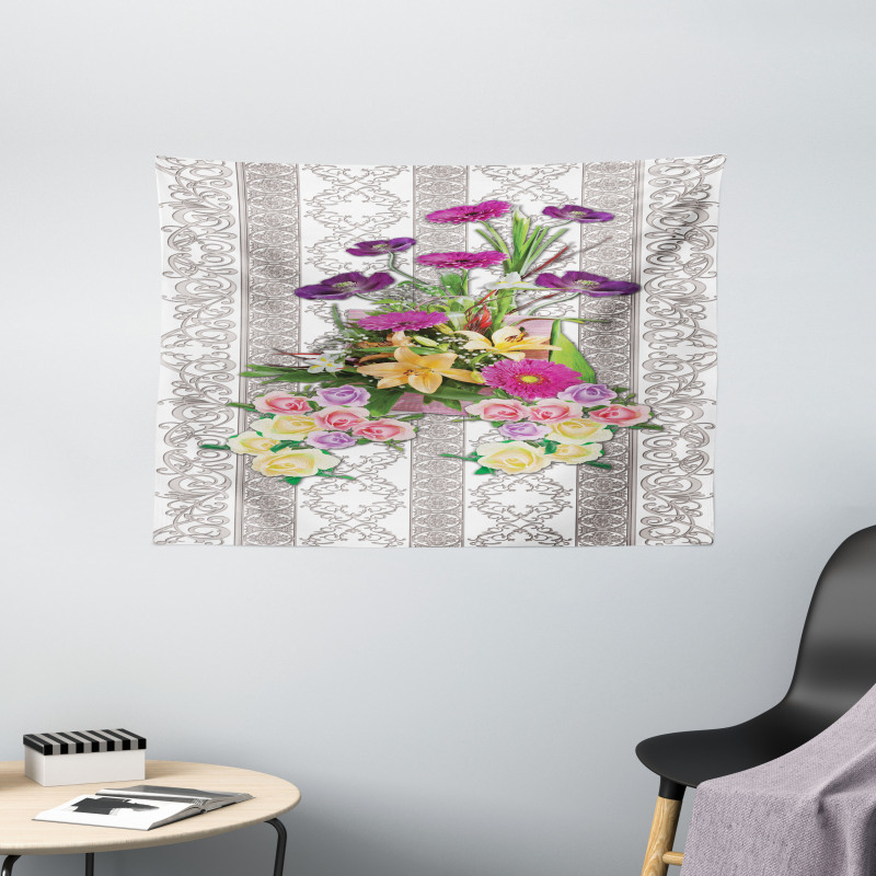 Colorful Bouquet on Curls Wide Tapestry