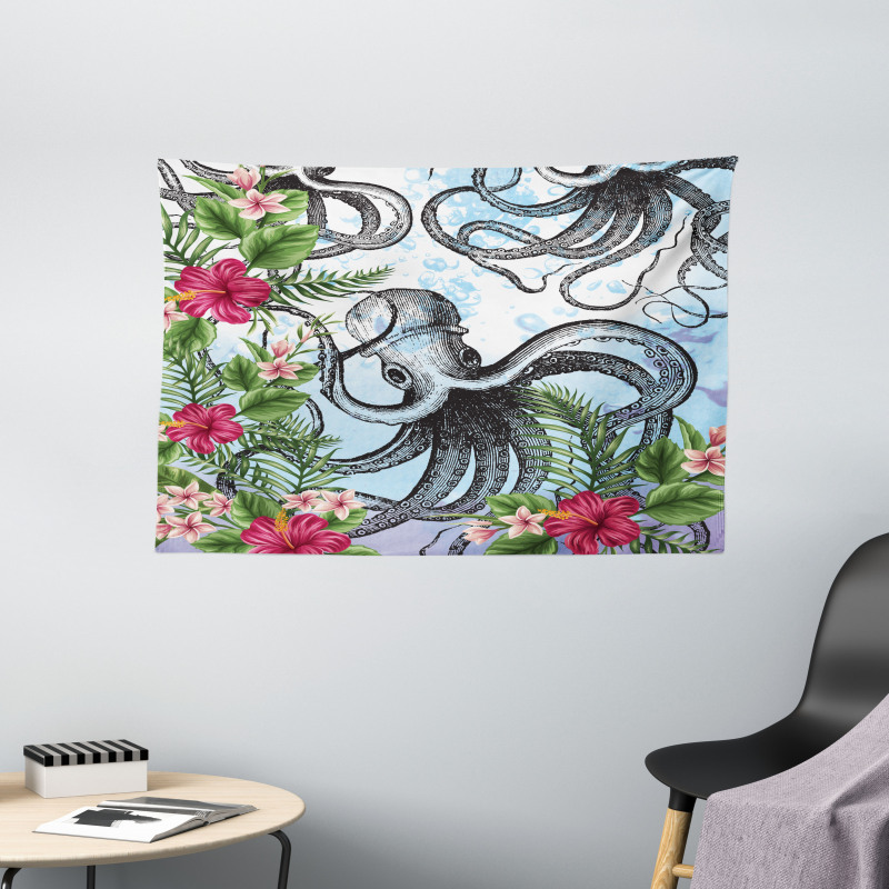 Tropic Hibiscus and Octopus Wide Tapestry