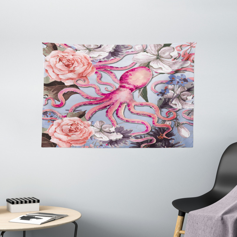 Animal Watercolor Flowers Wide Tapestry