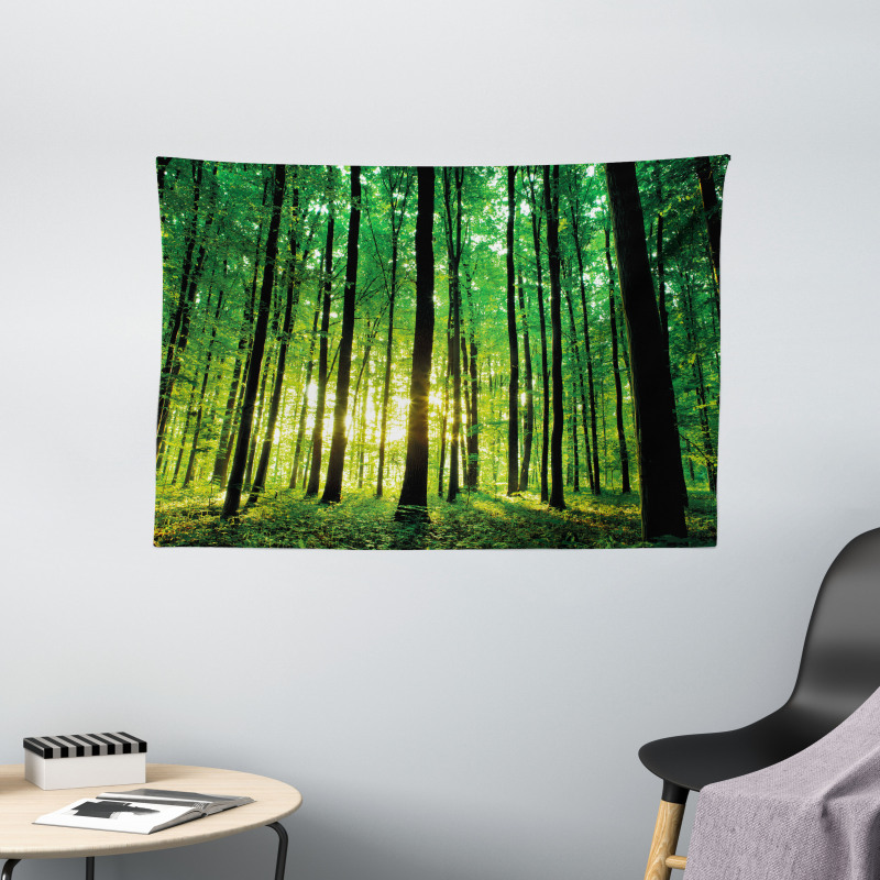 Green Woodland Sunrise Wide Tapestry
