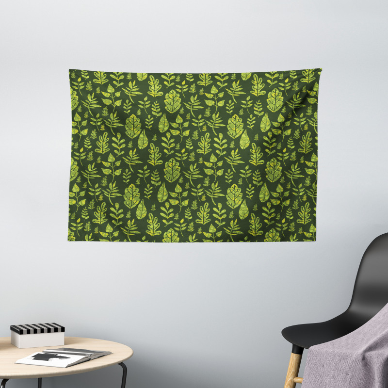 Patterned Green Leaves Wide Tapestry