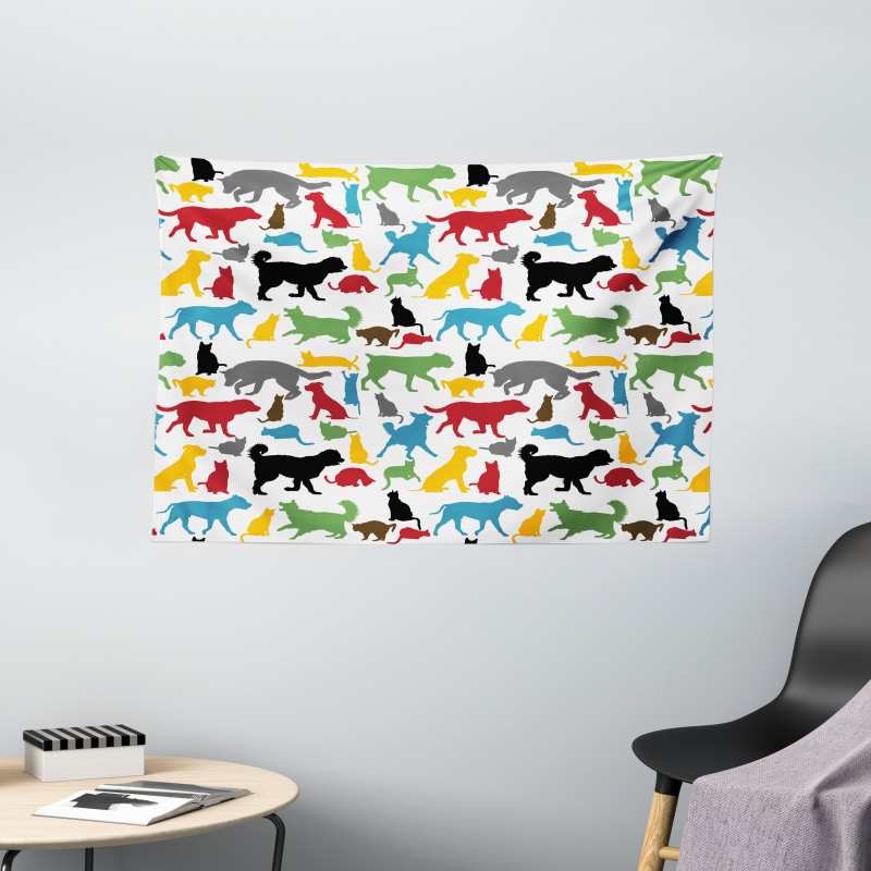 Colorful Cats and Dogs Wide Tapestry