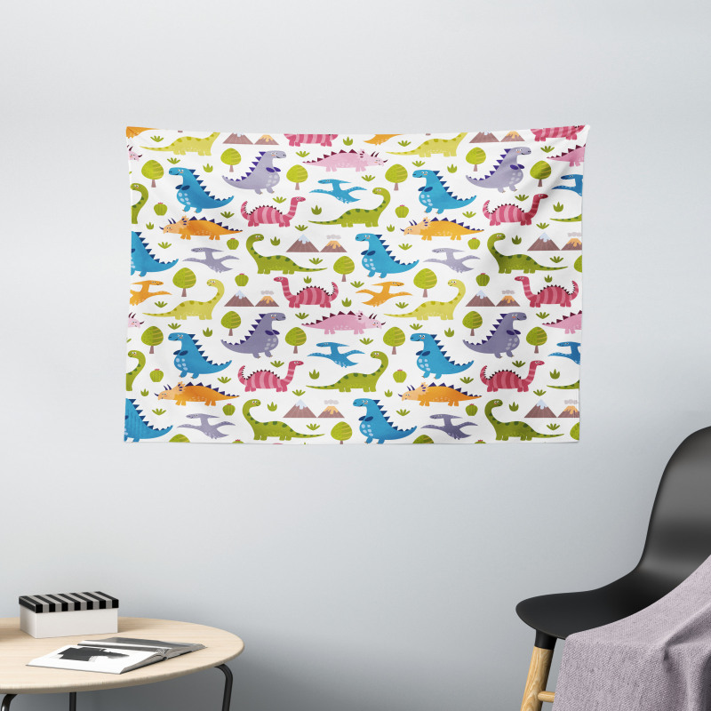 Dinosaurs Colorful Wide Tapestry