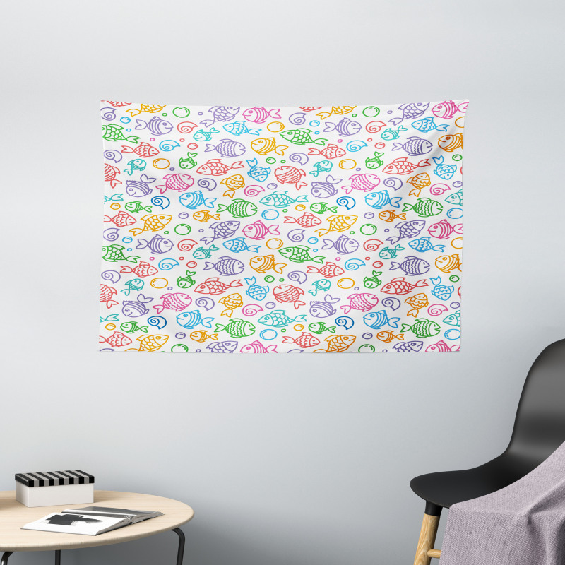 Doodle Fish Happy Aquarium Wide Tapestry