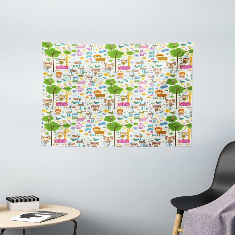 Happy Jungle Zoo Animals Wide Tapestry