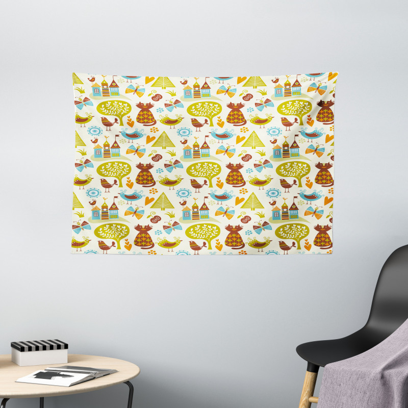 Cats Birds Butterfly Wide Tapestry