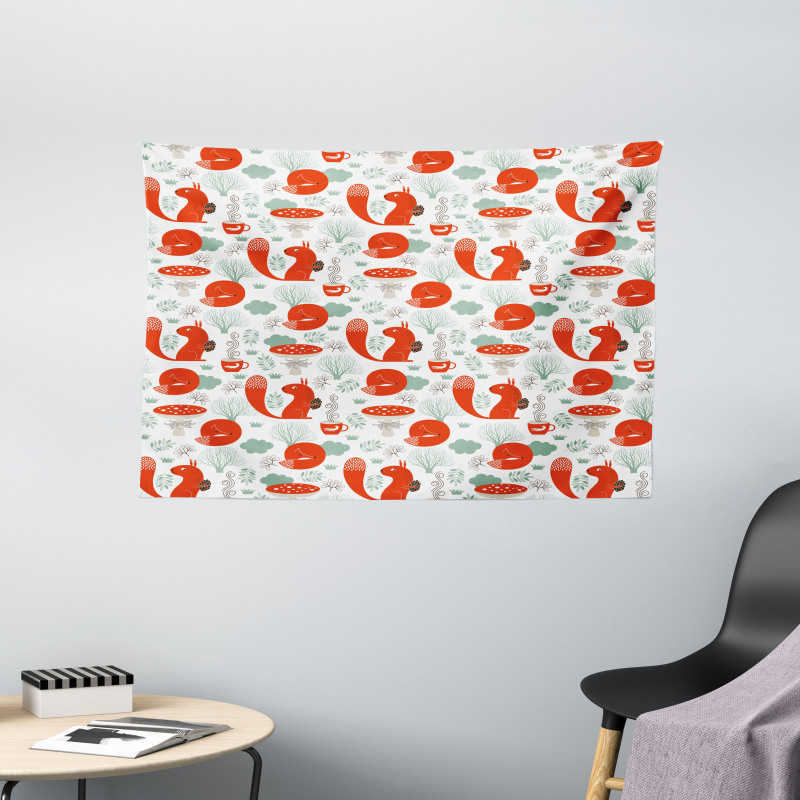 Squirrel Fox Fungus Tea Wide Tapestry