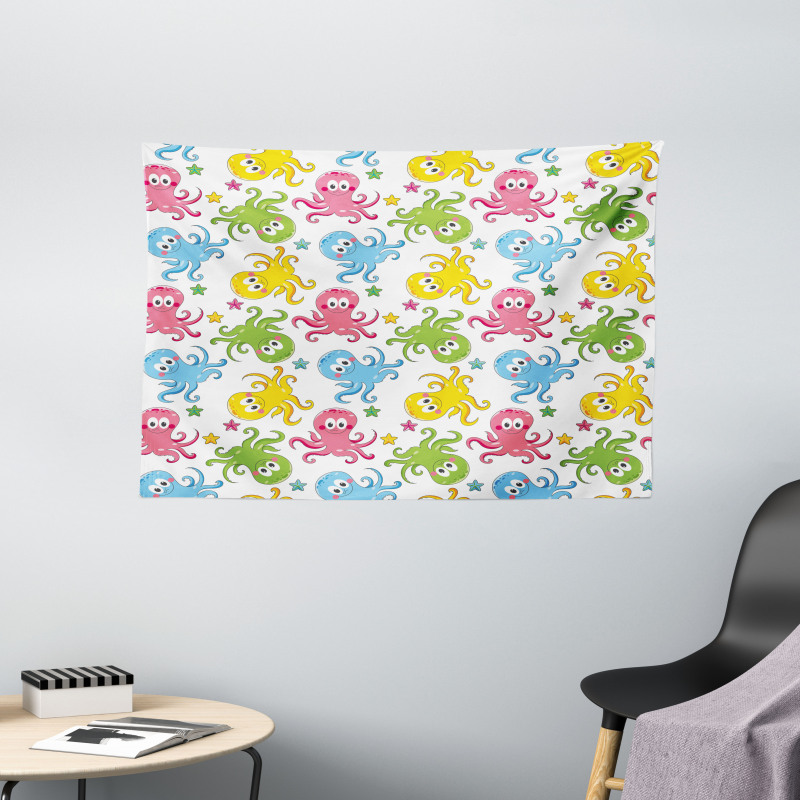 Cheerful Ocean Animals Wide Tapestry