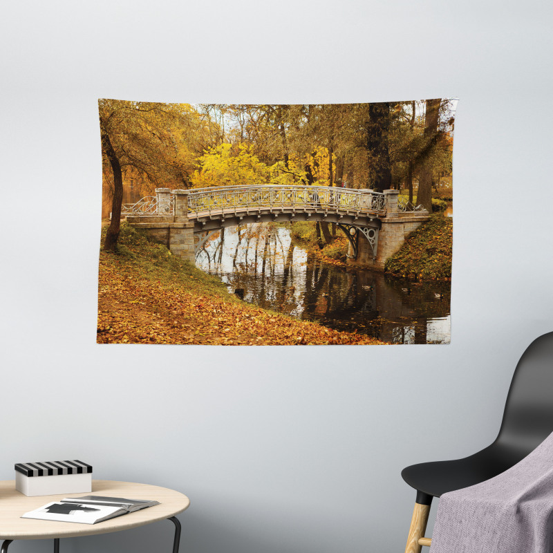 Old Bridge in Fall Forest Wide Tapestry