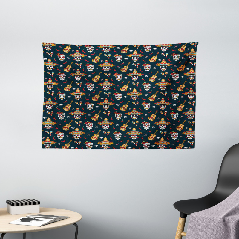 Skull Sombrero Chili Wide Tapestry