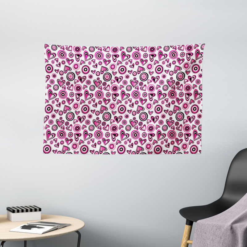 Pink Hearts and Circles Wide Tapestry