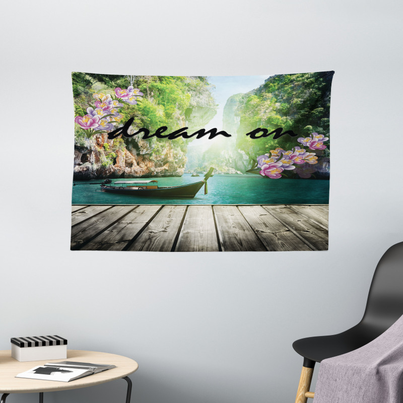 Idyllic Themed Boat Wide Tapestry