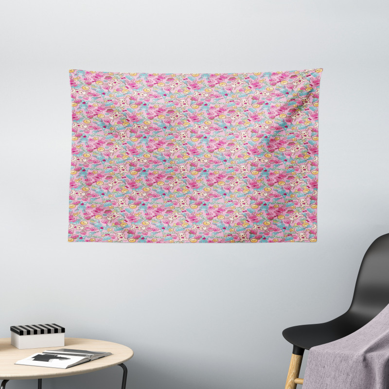 Kawaii Bunnies and Candy Wide Tapestry